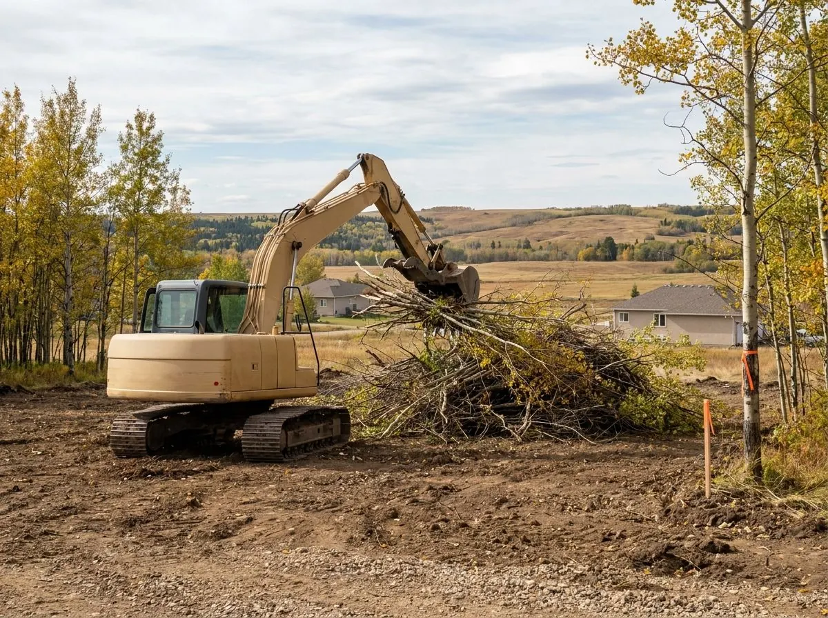 An excavator with a grab thumb lifts a bundle of poplar and willow brush onto a pile on a partly cleared acreage in rolling foothills country.
