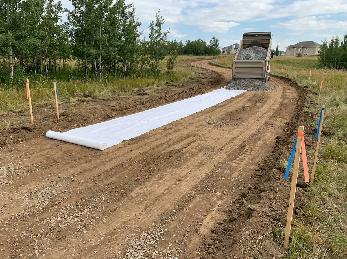 A long strip of white geotextile fabric is rolled out along a stripped driveway alignment on an acreage, with a pile of crushed gravel waiting at the end.