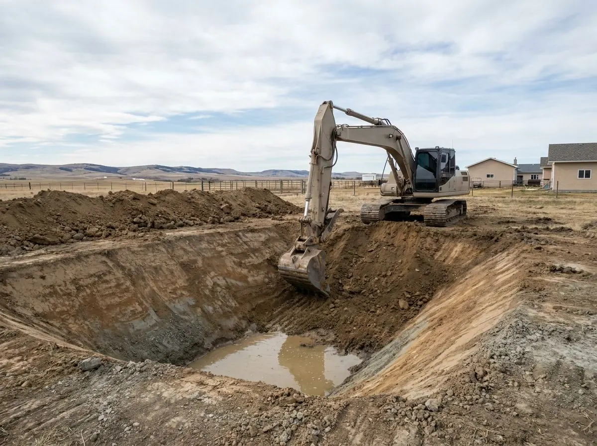 An excavator digs a large dugout with sloped sides in a fenced pasture, with the excavated soil piled beside it and foothills in the distance.