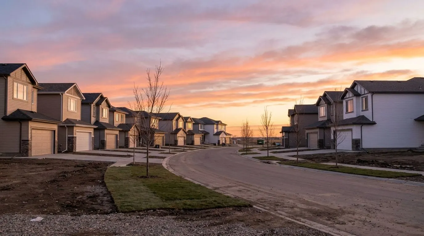 A curving street of newer two-storey homes with front garages and young trees on flat prairie land.