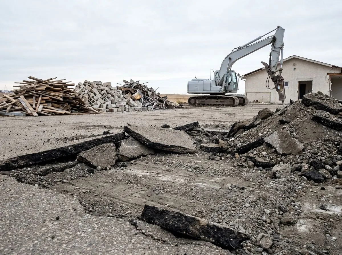 Broken asphalt slabs peeled up from a commercial parking lot expose the gravel base beneath, with an excavator and piles of sorted debris behind.