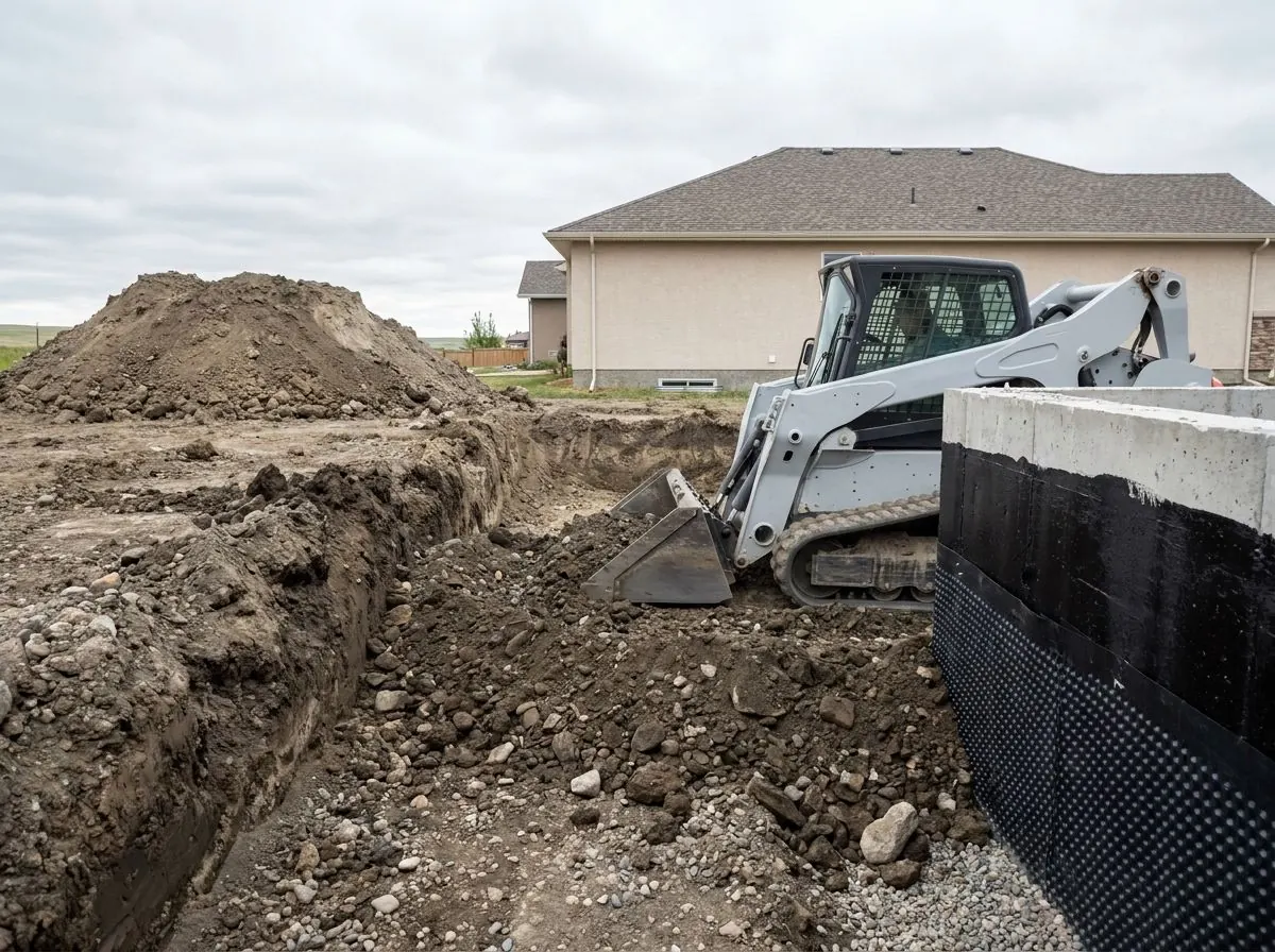 A compact track loader places backfill in a layer along a new concrete foundation wall with black damp-proofing and a drainage membrane.