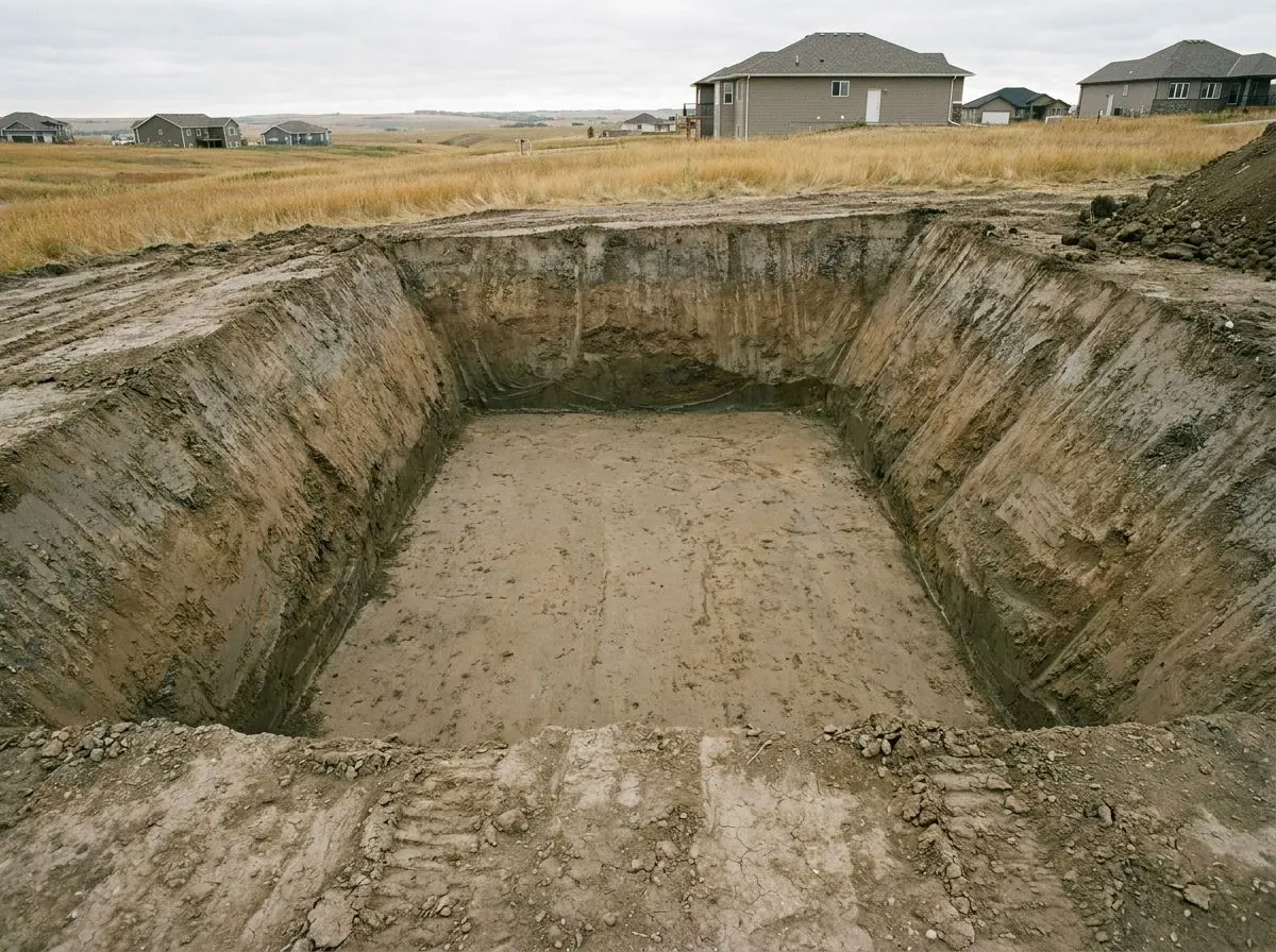 A rectangular basement excavation with a flat clay floor and walls cut back at a slope.