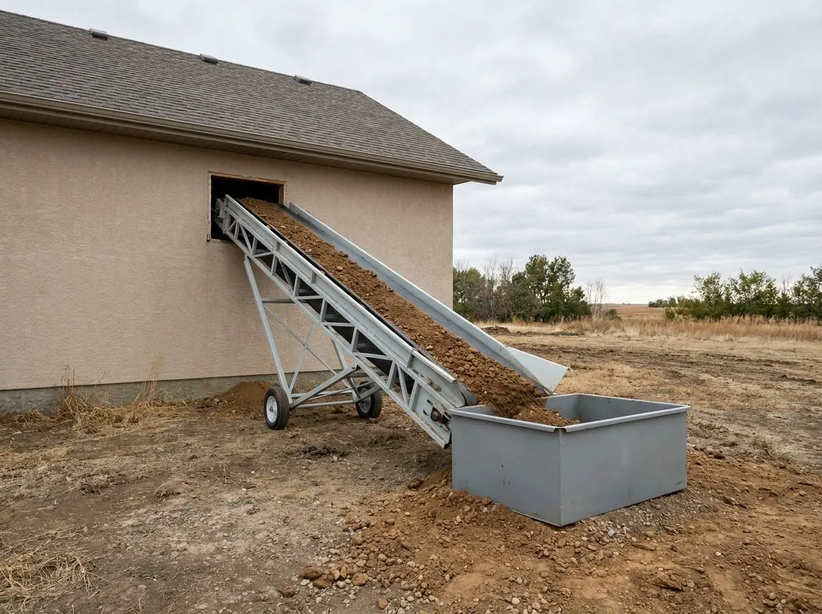 A portable belt conveyor on a wheeled stand carries soil out through an opening in the wall of a stucco house and drops it into a steel bin beside the house.