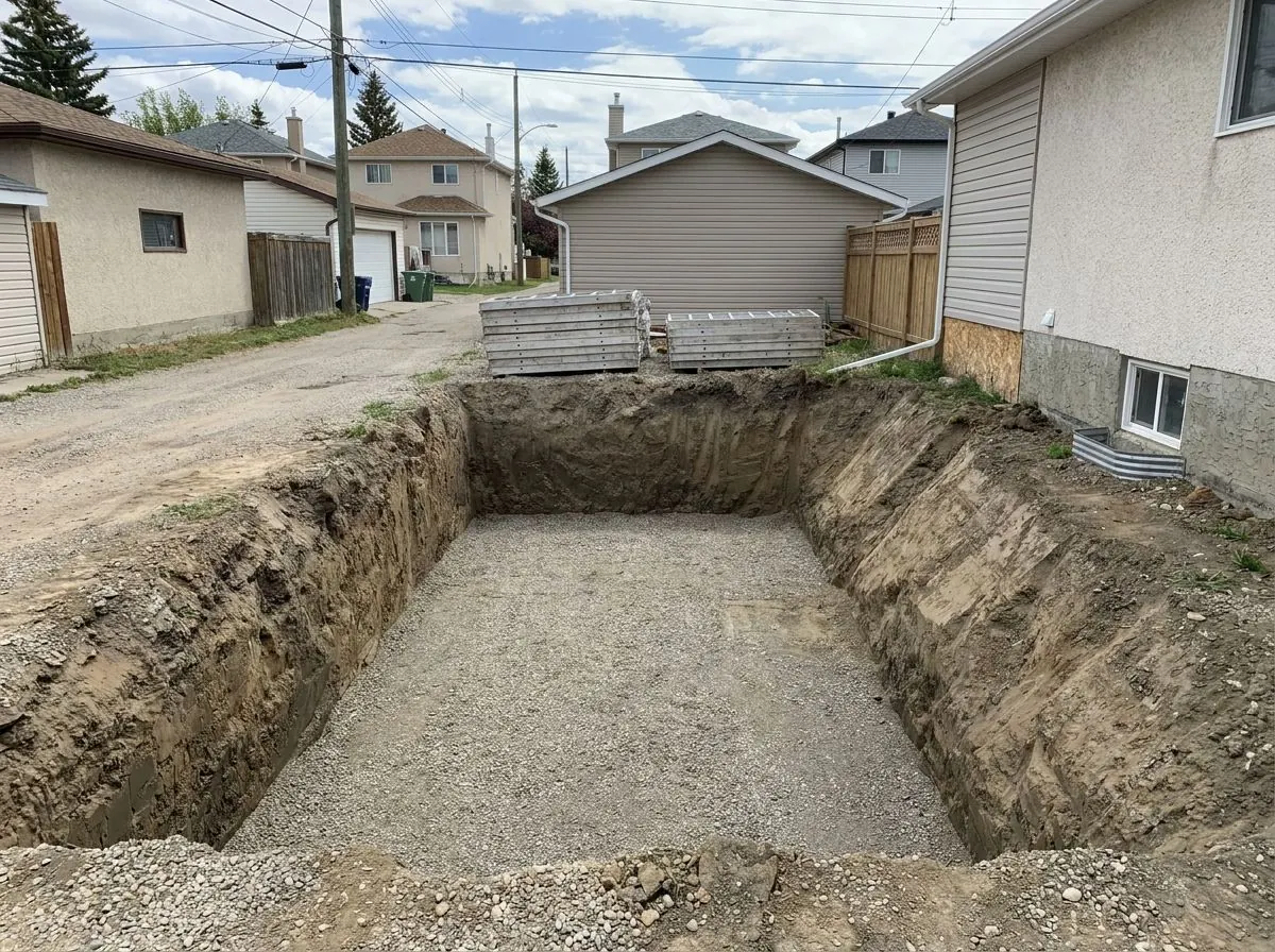 Looking down into a finished basement excavation with a flat gravel floor on a narrow inner-city lot, with stacks of concrete forms waiting at the top by the laneway.