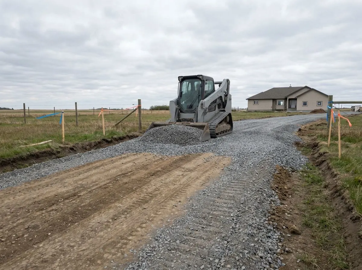 A compact track loader spreads grey crushed gravel along a new acreage driveway, with shallow ditches and staked flagging on each side.