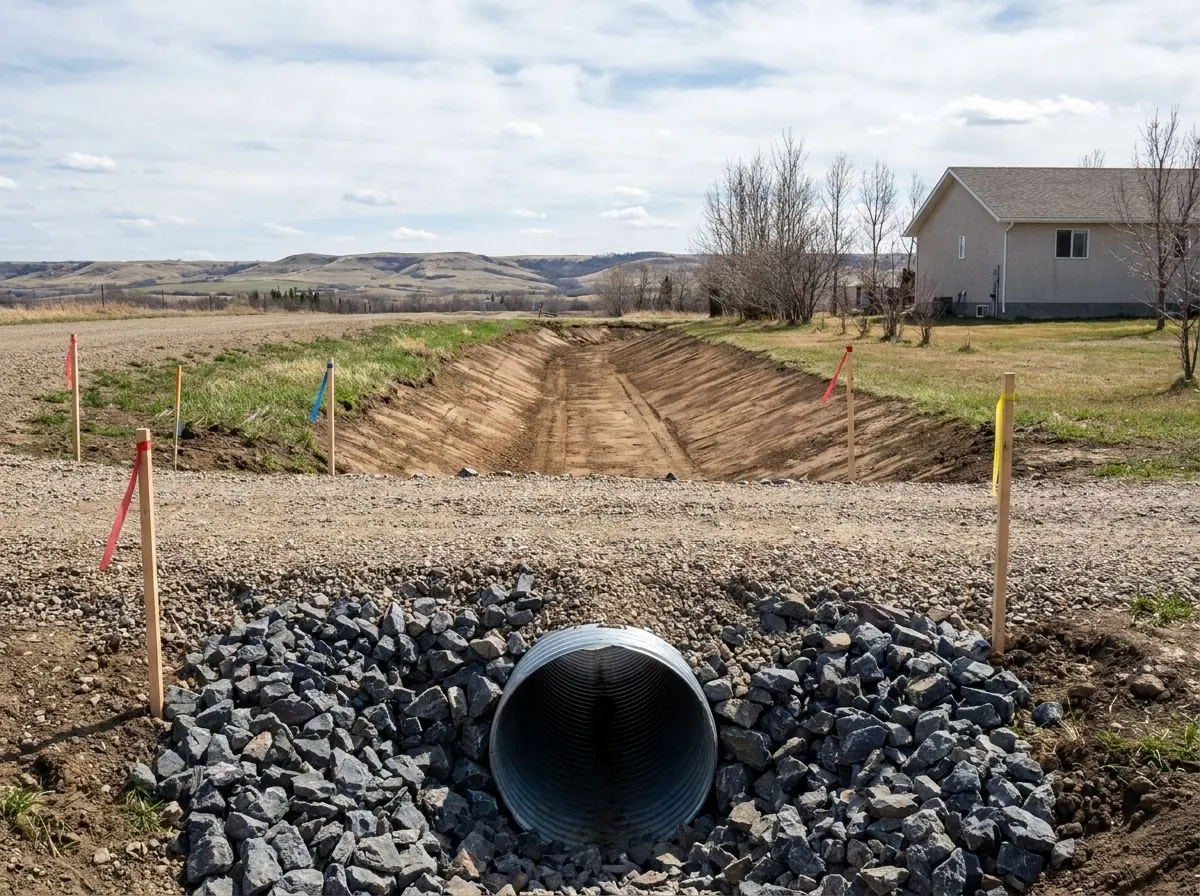 The outlet of a corrugated culvert under an acreage driveway, surrounded by placed rock riprap in a freshly re-graded ditch.