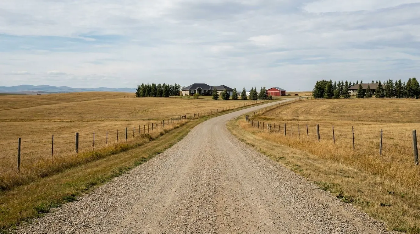 A gravel country road with fence lines and hay fields, and acreage homes and shelterbelts spread across gently rolling land.
