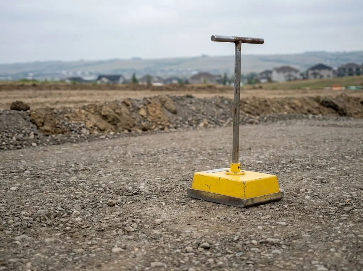 A soil density gauge with its tall steel T-handle sits flat on a compacted grey gravel base course.
