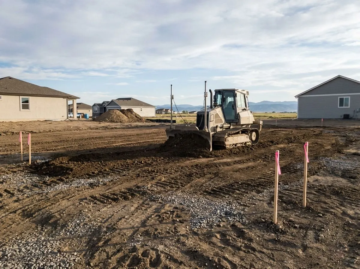 A small crawler dozer with a GPS mast on its blade spreads and levels brown soil across a large cleared lot under a prairie sky.