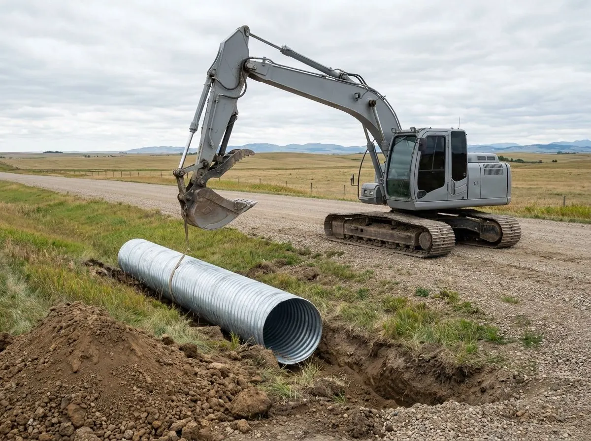 An excavator rigs a corrugated steel culvert pipe with a sling beside a trench cut across a rural roadside ditch where a new driveway will cross.