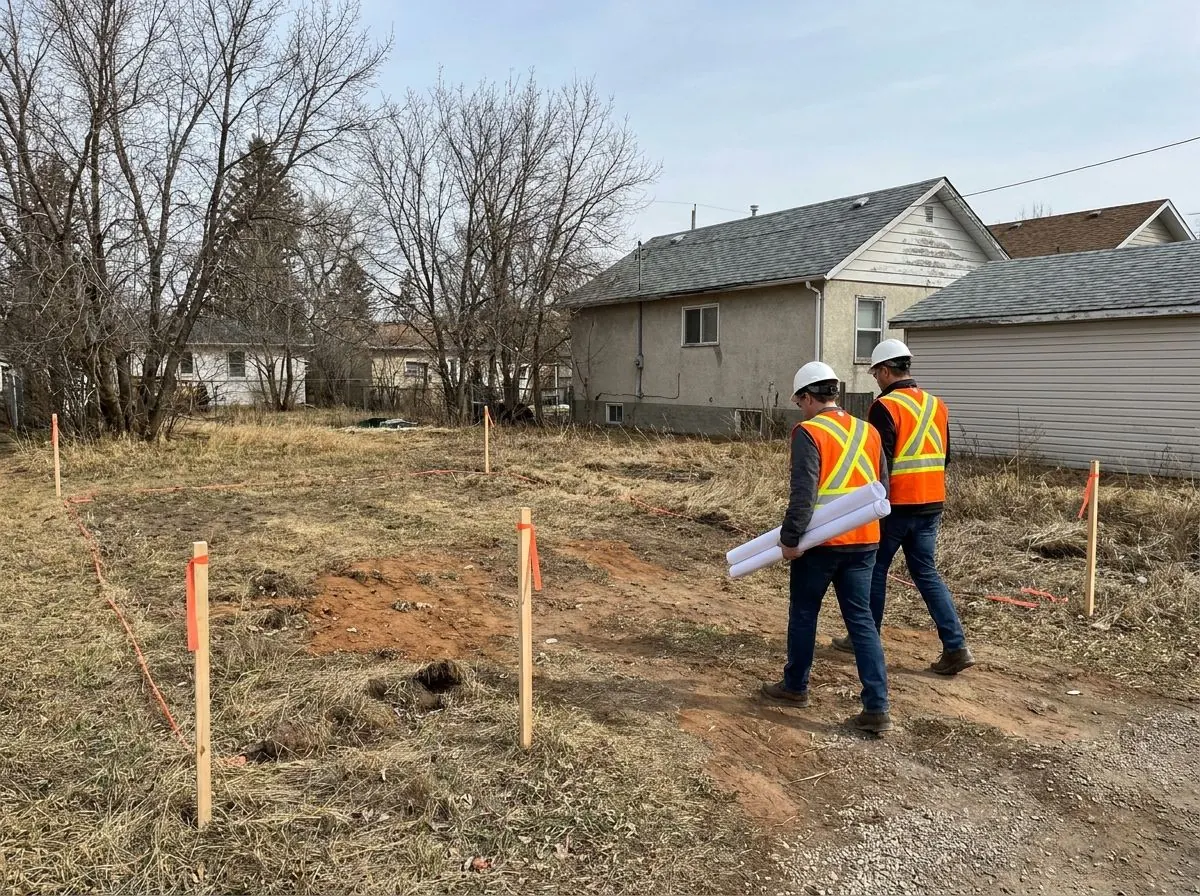 Two people in hard hats and high-visibility vests, seen from behind, walk a vacant lot with rolled drawings under an arm, past wooden stakes with orange flagging.