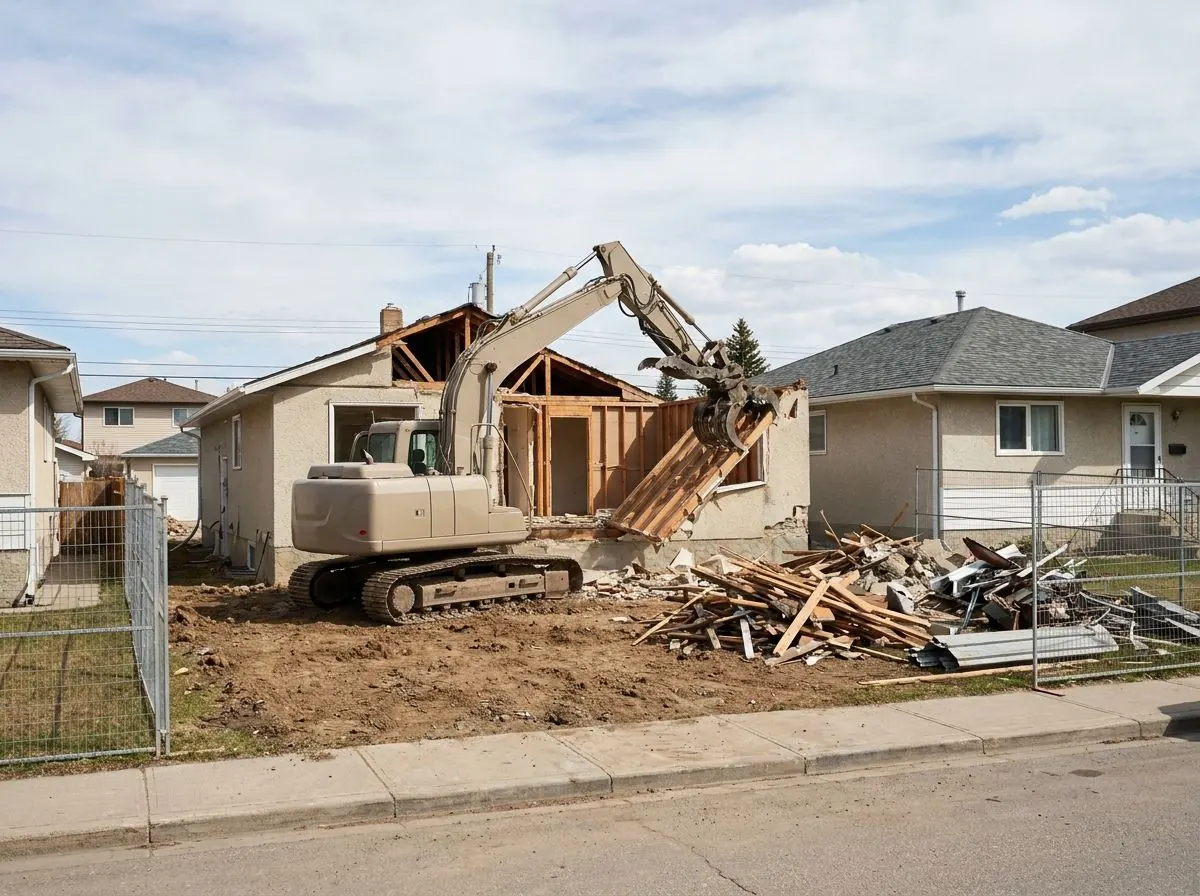 An excavator with a grapple pulls down the wood frame of an old stucco bungalow, with piles of broken lumber and metal siding sorted on the lot.