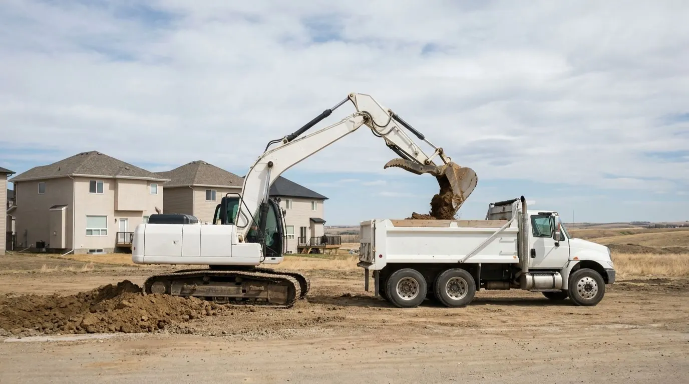 A large tracked excavator loads brown clay soil into a dump truck on a new home lot, with new two-storey houses and a wide prairie sky behind.