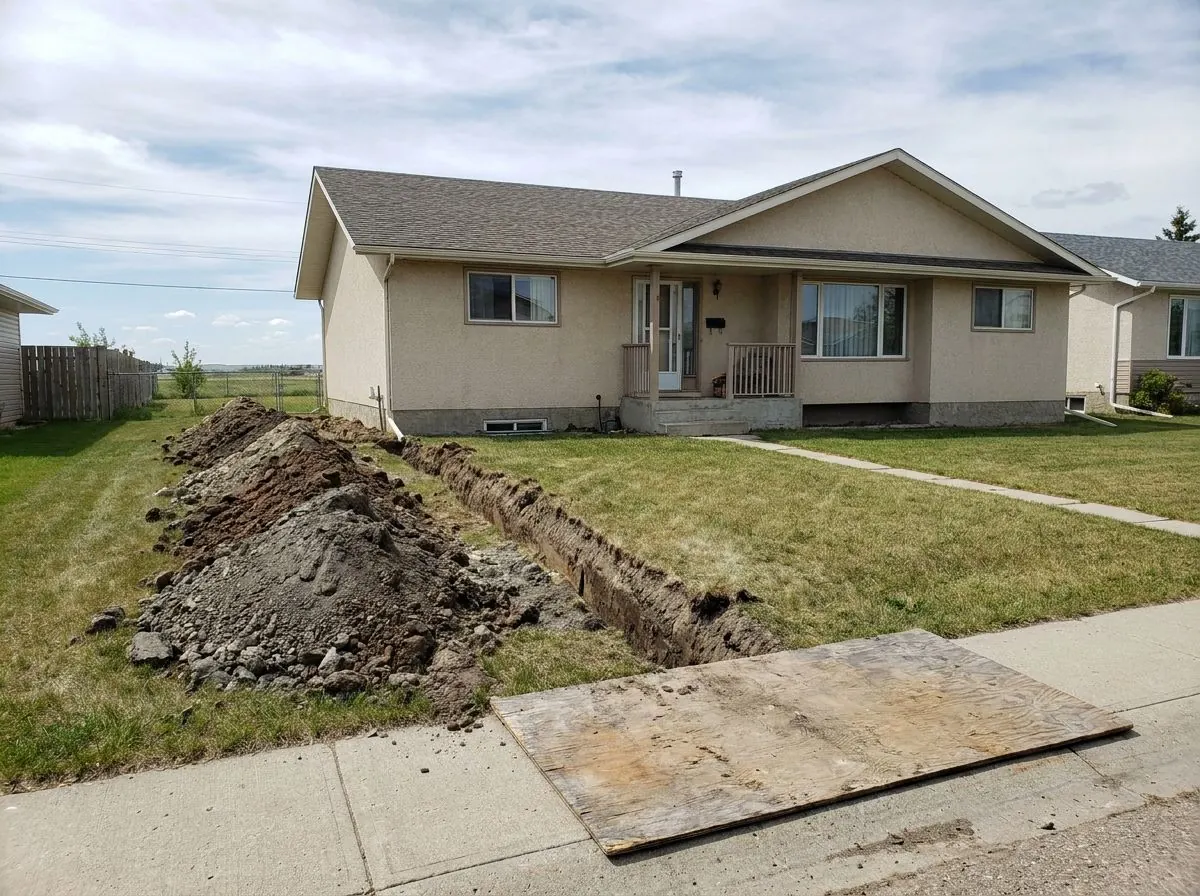 A narrow service trench runs across the front lawn of an older bungalow from the sidewalk, with the soil piled in a row set back from the edge and plywood protecting the sidewalk.