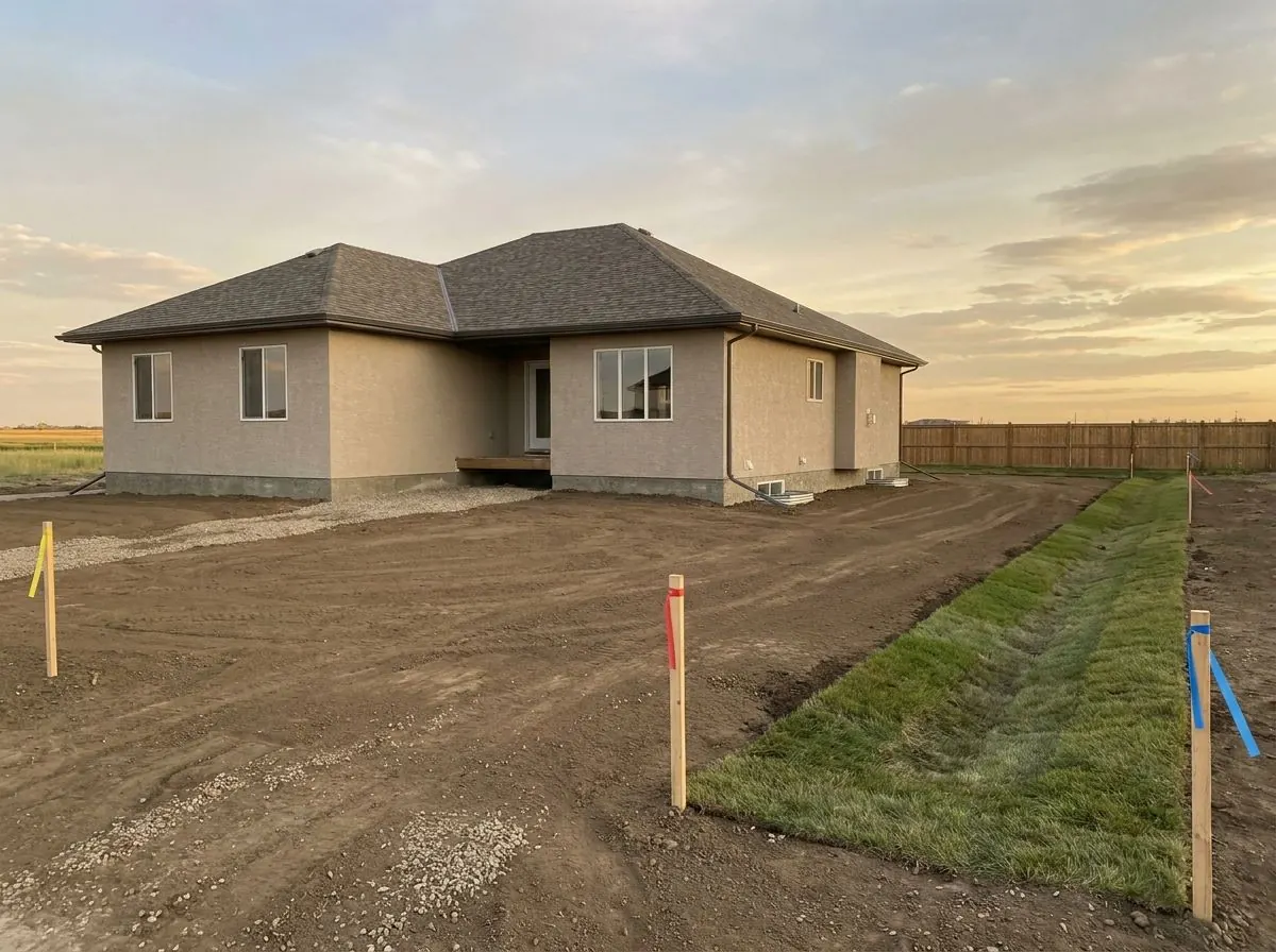 A smoothly graded residential lot sloping gently away from a new house foundation, with a shallow swale along the side yard.