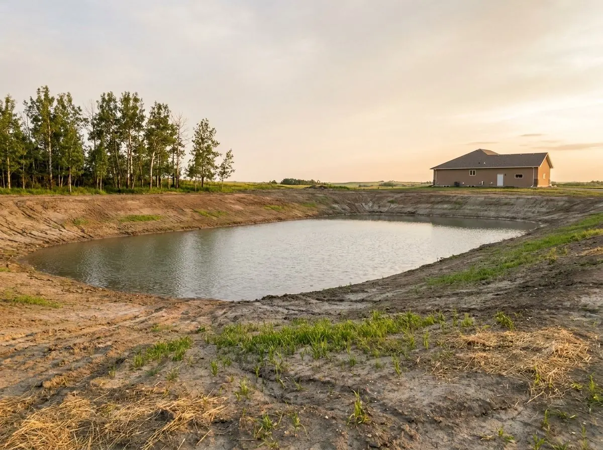 A newly finished pond on an acreage holds water between gently sloping banks just beginning to green over.