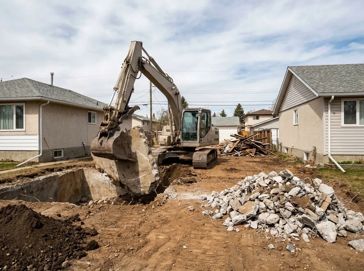 An excavator breaks out the last concrete foundation walls of a demolished house, with a pile of broken concrete sorted beside the hole.