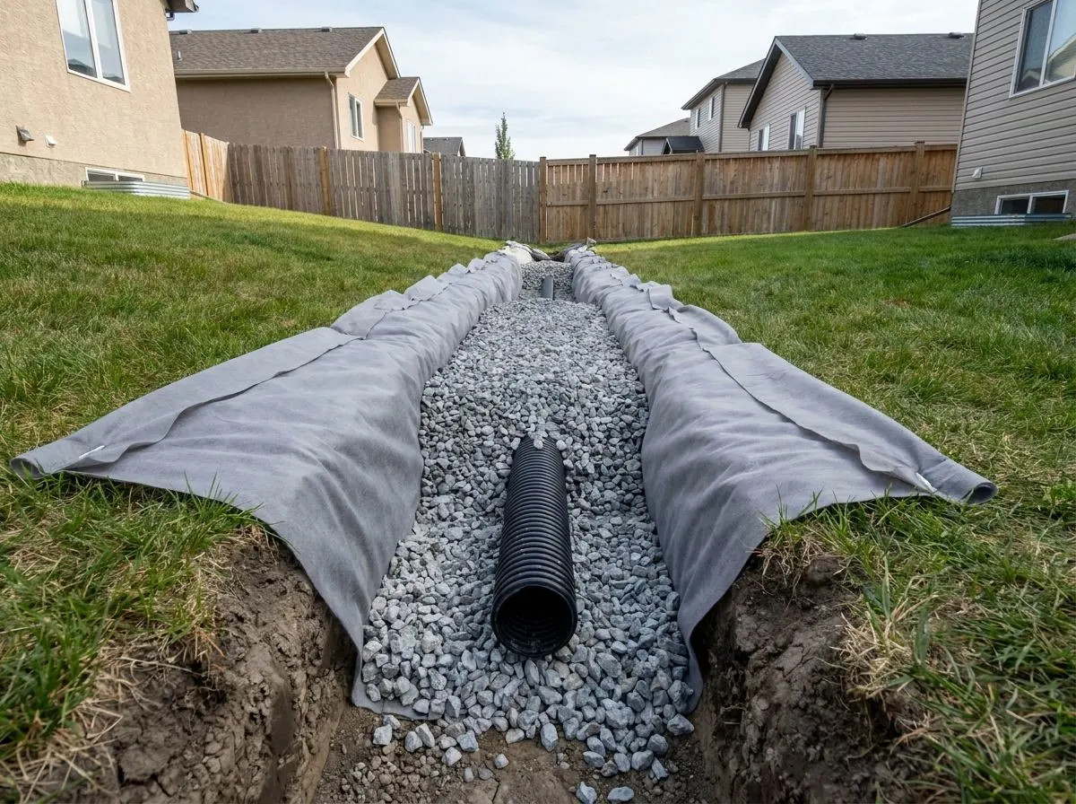 A shallow backyard trench lined with grey filter fabric and filled with clean crushed stone, with the end of a black corrugated drain pipe showing.