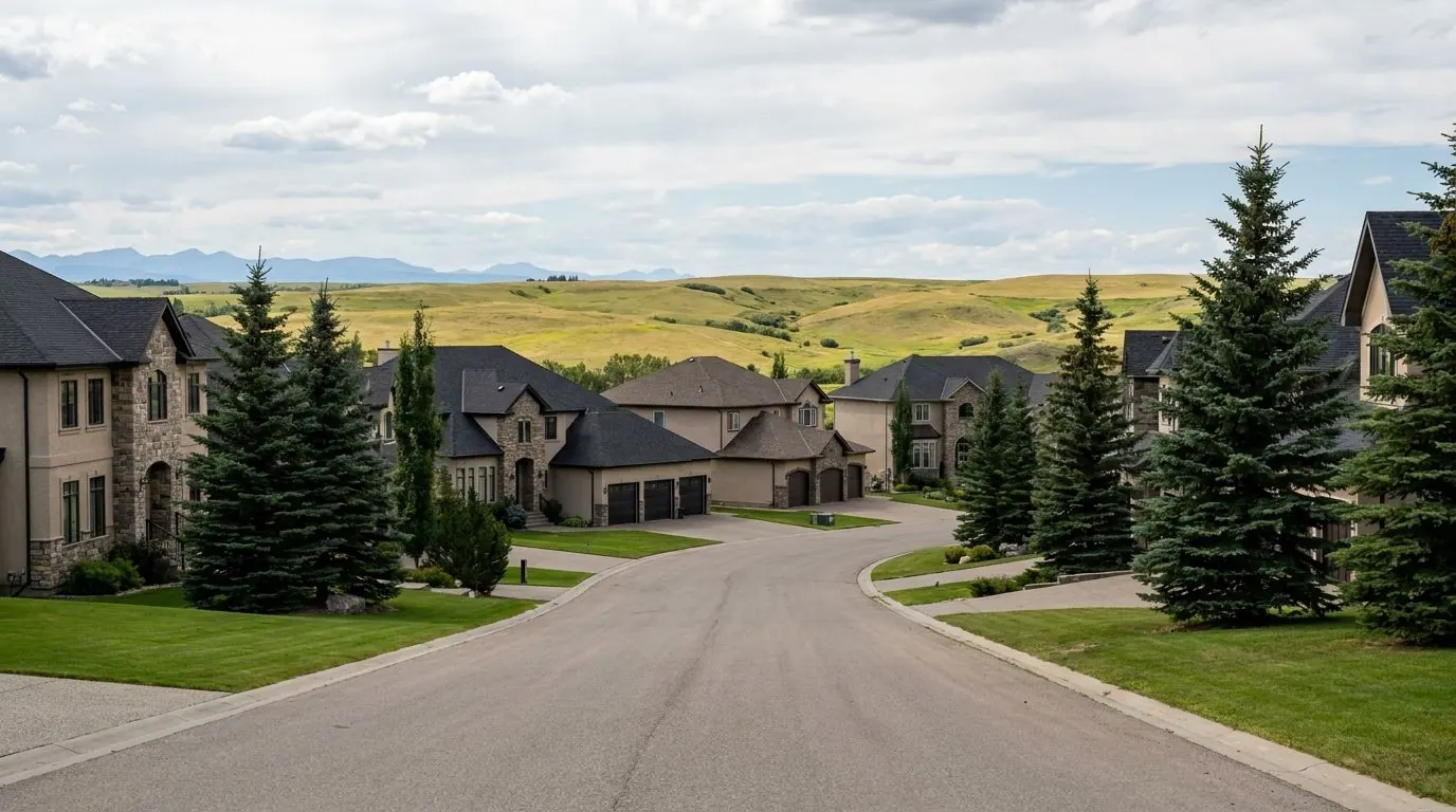 Large estate homes with stone accents along a curving paved road, with mature landscaping and open country beyond.