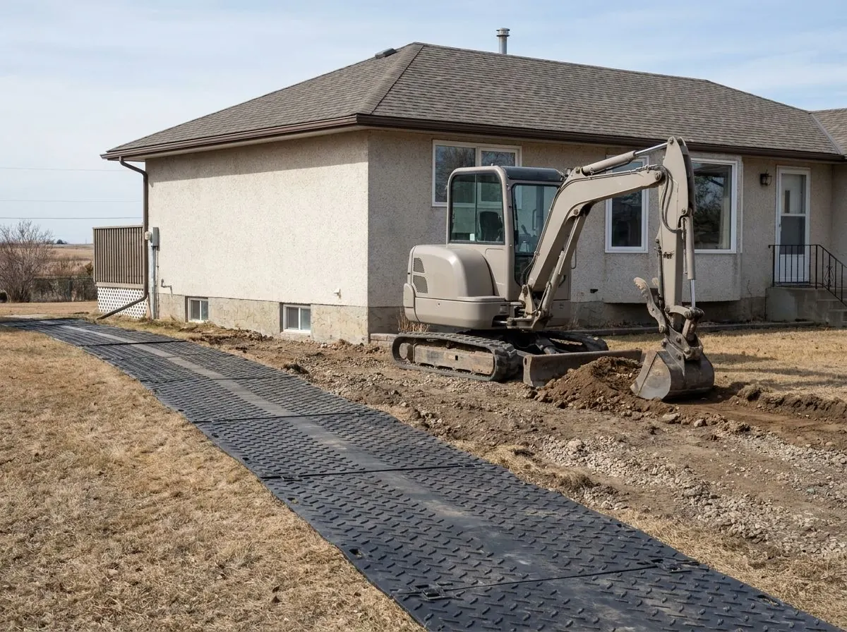 Heavy ground protection mats laid across a front lawn lead to a mini excavator working beside an older house.