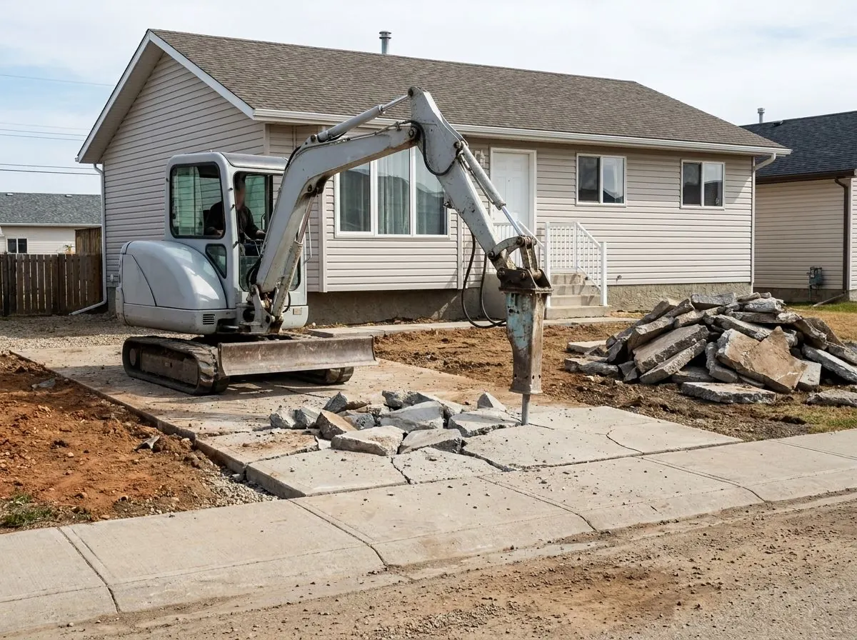 A hydraulic breaker's chisel point breaks a cracked concrete driveway slab into rough chunks.