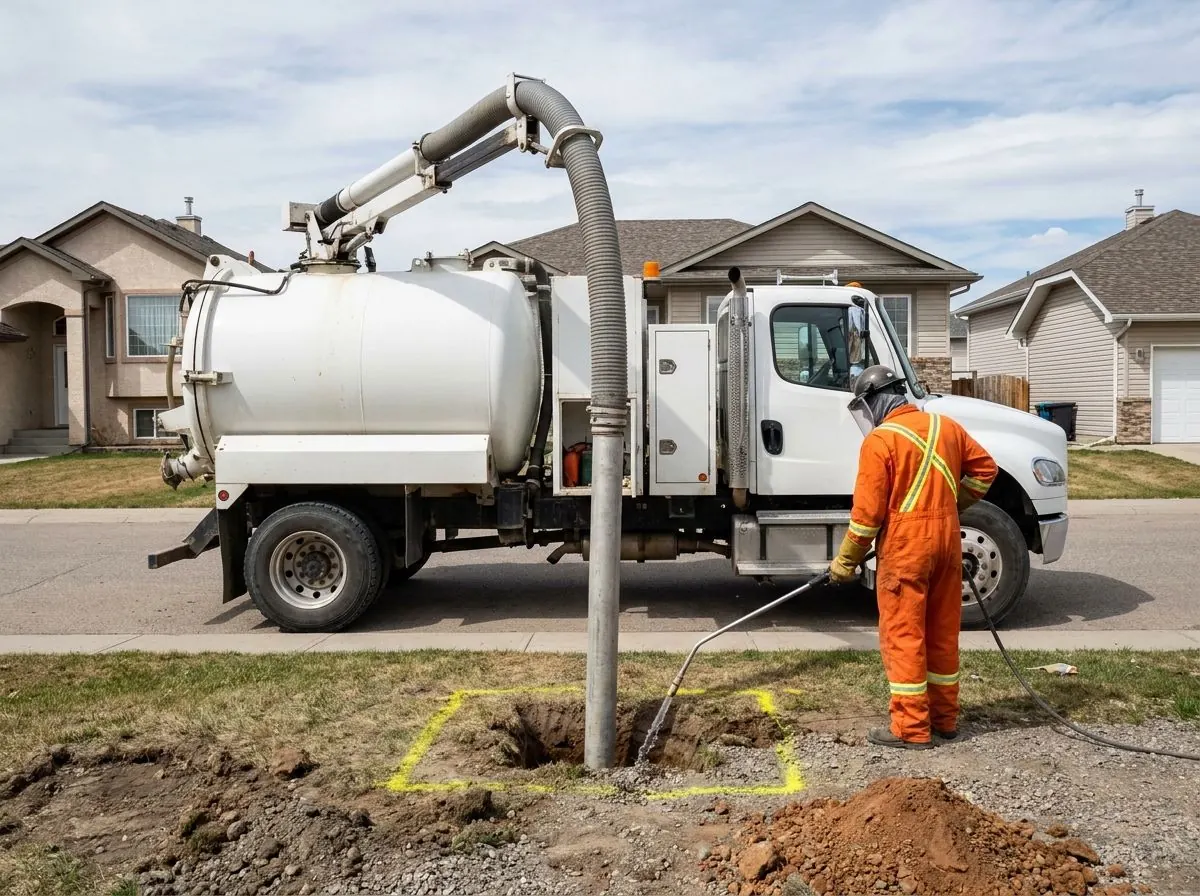 A hydrovac hose reaches into a small neat hole in a boulevard while a worker in high-visibility coveralls loosens the soil with a water wand.