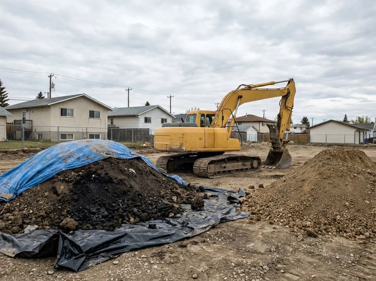 On a cleared redevelopment lot, darker stained soil sits on black plastic sheeting under a tarp, apart from a pile of clean brown soil.