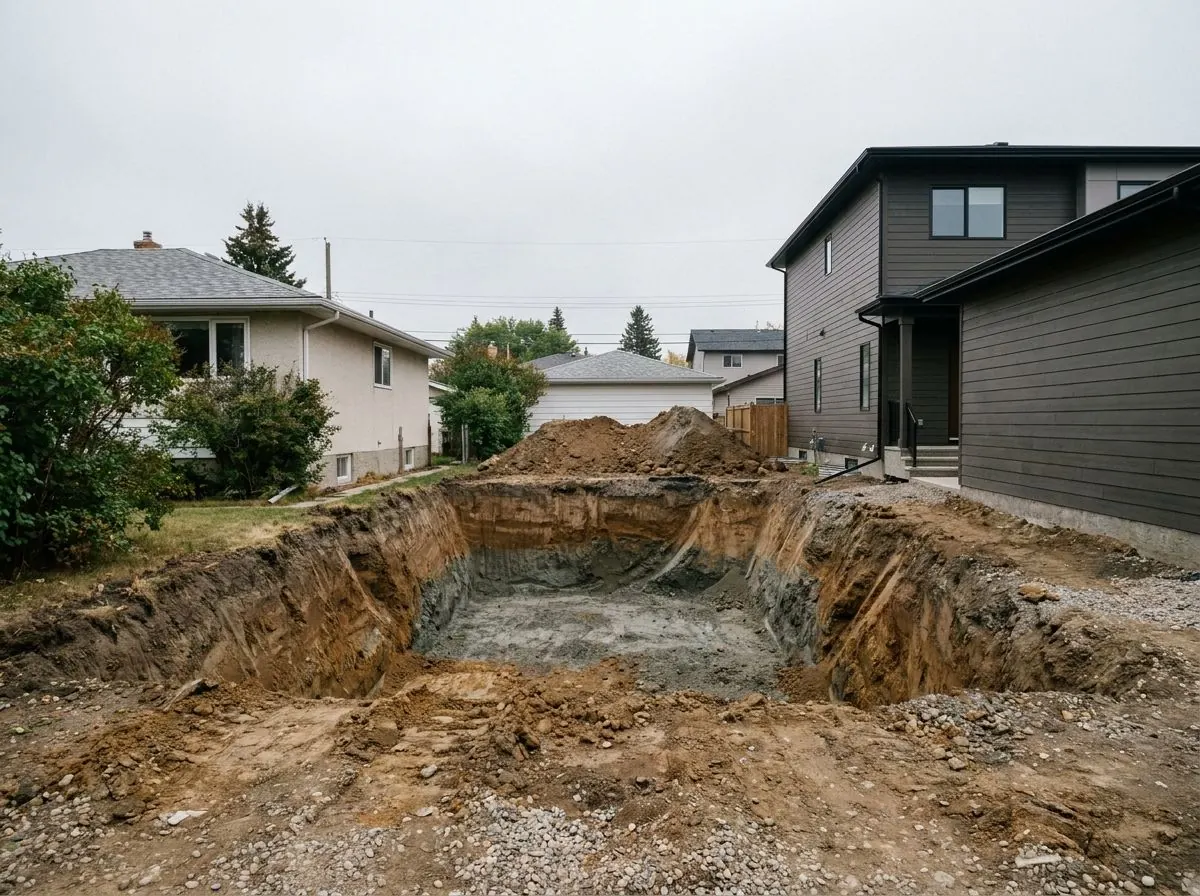 A freshly dug basement excavation with sloped walls fills a narrow inner-city lot between an older bungalow and a new two-storey infill house.