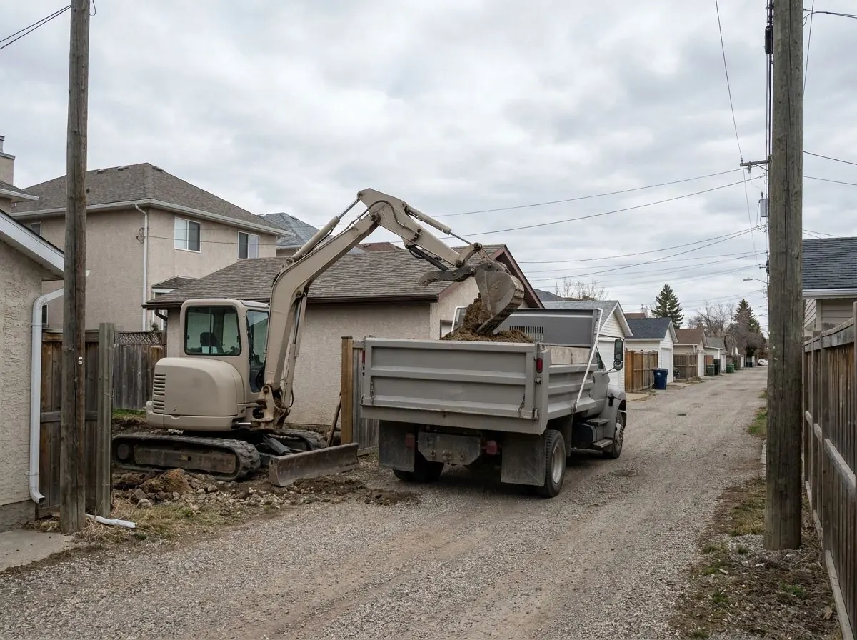 A compact excavator loads a dump truck parked in a gravel back laneway behind a row of older homes and garages.