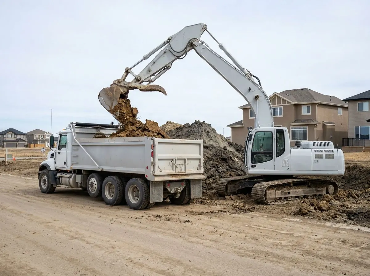 An excavator drops a full bucket of clay into a tandem-axle dump truck parked beside a large stockpile of excavated soil.