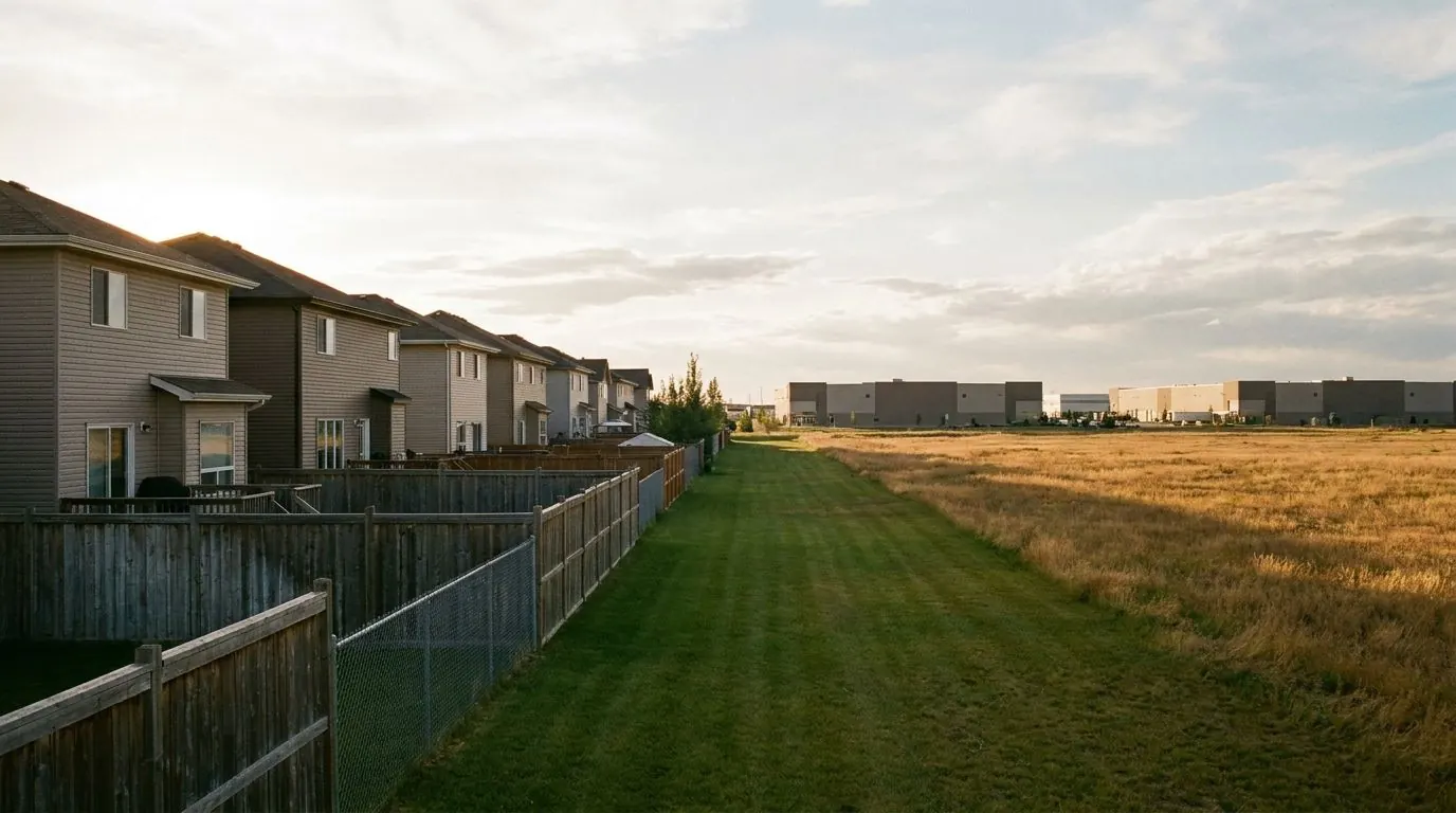A row of two-storey suburban homes along a green buffer with large flat-roofed warehouse buildings visible across an open field.