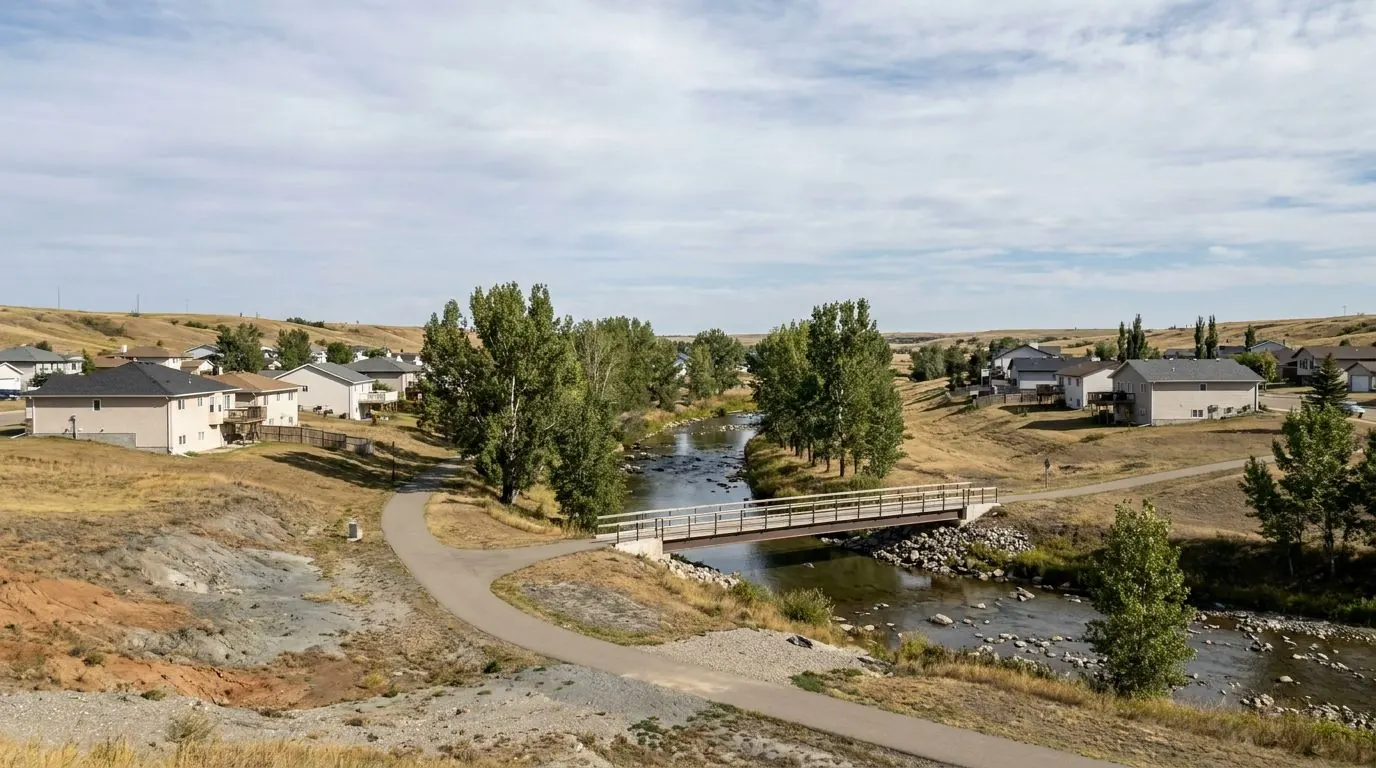 A small town spreading up both sides of a tree-lined river valley, with a pathway and bridge crossing the river.