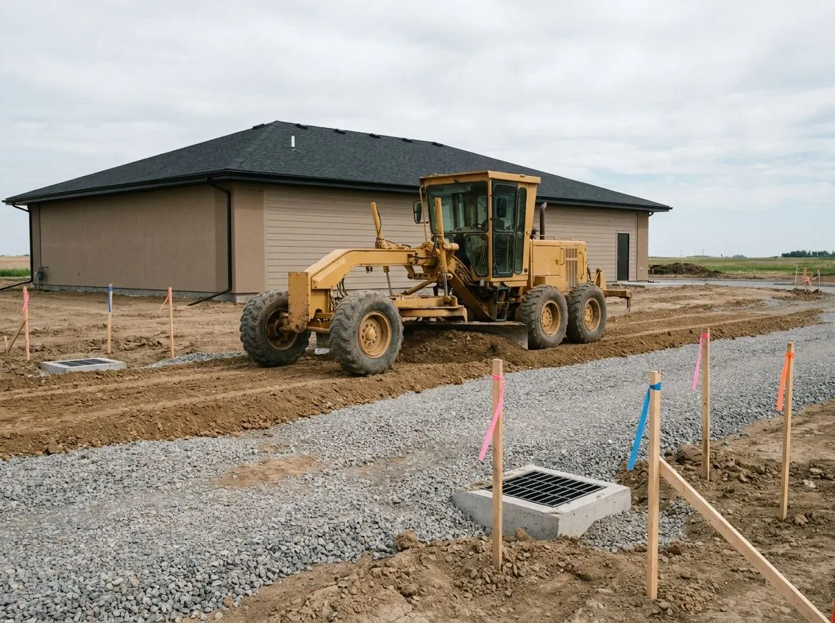 A motor grader trims a wide gravel parking lot subgrade beside a new commercial building, with catch basin frames set at low points.