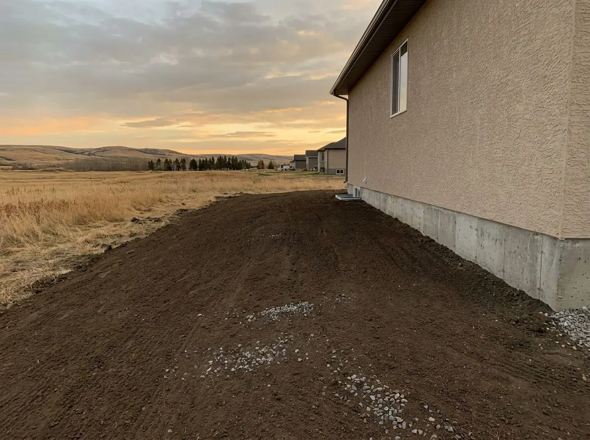 Smooth raked brown topsoil slopes away from the exposed concrete foundation of a new stucco house, ready for sod.
