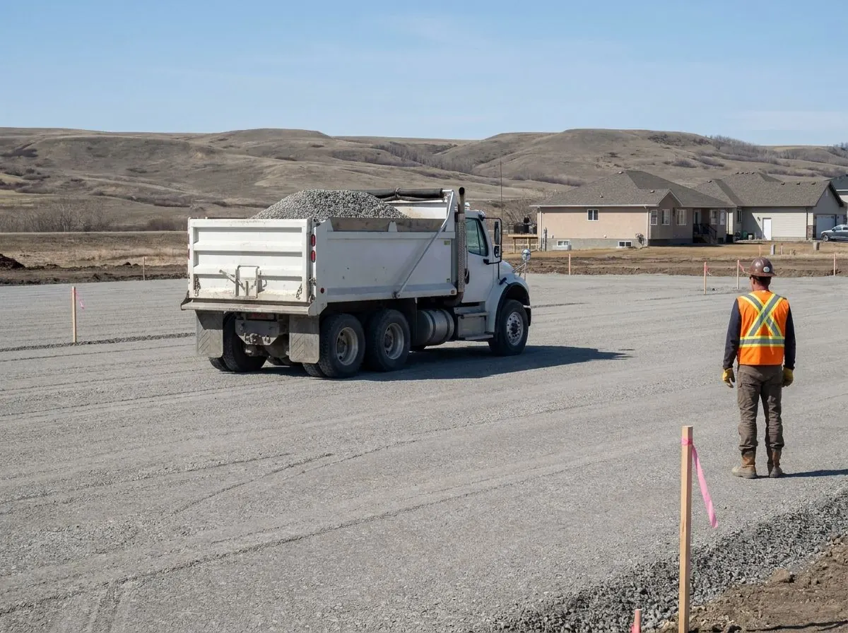 A loaded tandem dump truck crosses a smooth prepared gravel subgrade while a worker in a hard hat and high-visibility vest watches from the side.