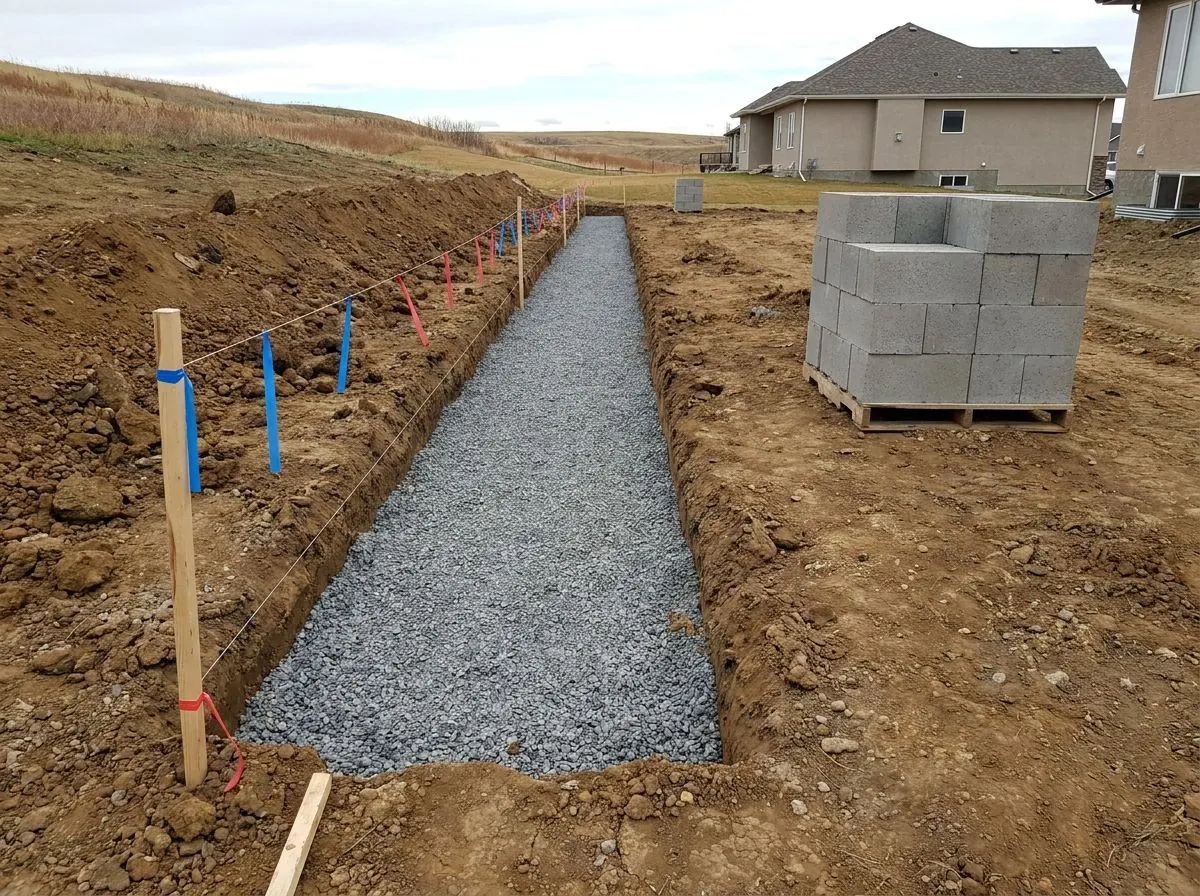 A straight base trench filled with levelled crushed gravel along a string line on wooden stakes, with a pallet of concrete wall blocks beside it.