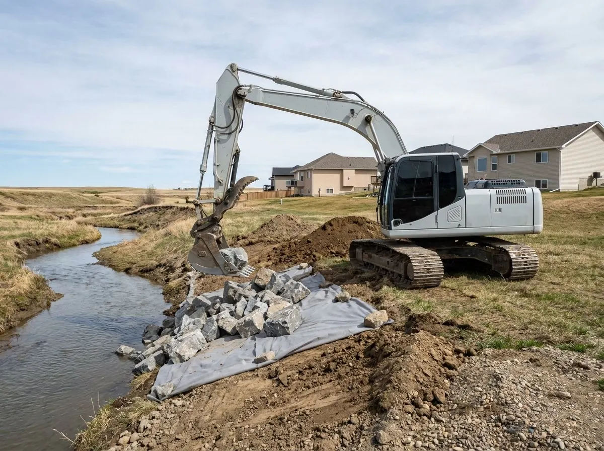 An excavator places large angular rocks over grey fabric along the eroded bank of a small creek below a row of houses.