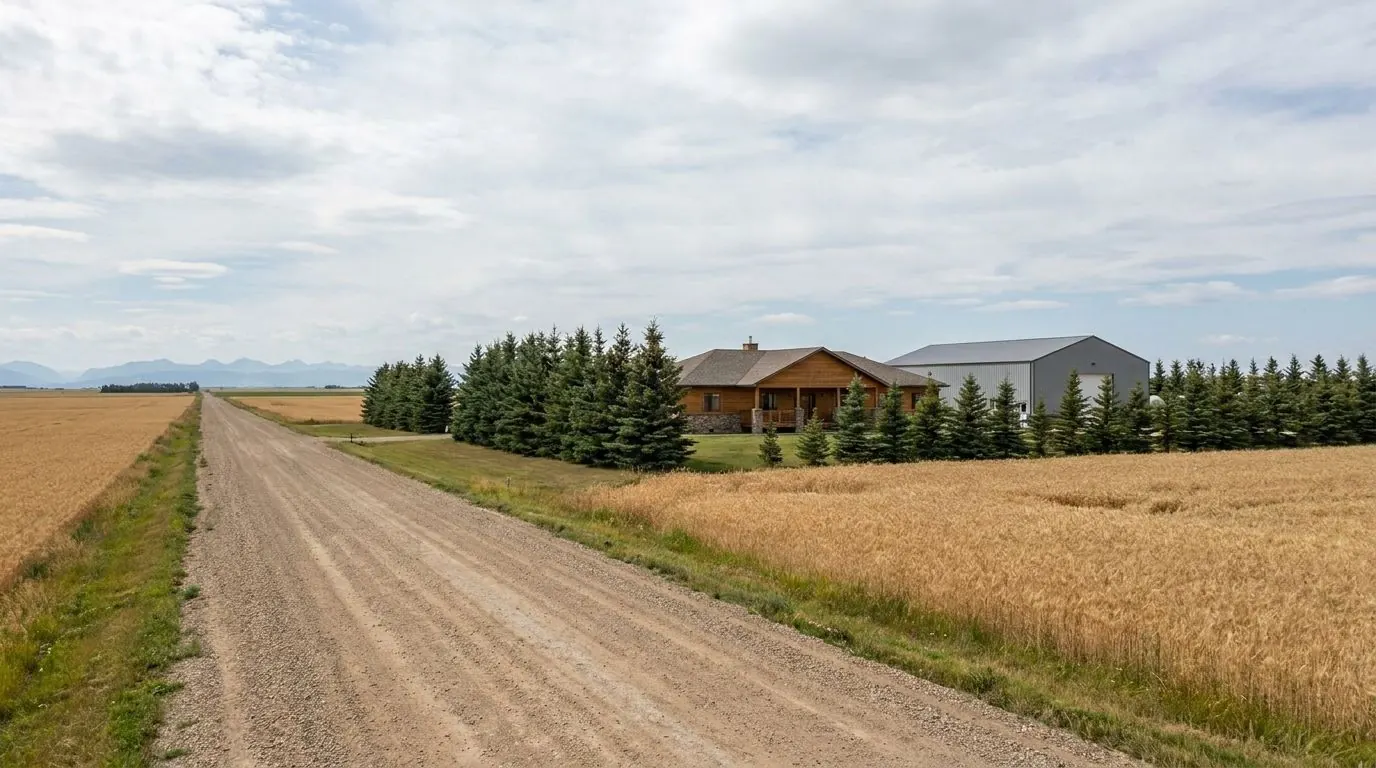 Wide farm fields and pasture with a farmyard, a shop building and an acreage home, stretching toward the foothills.