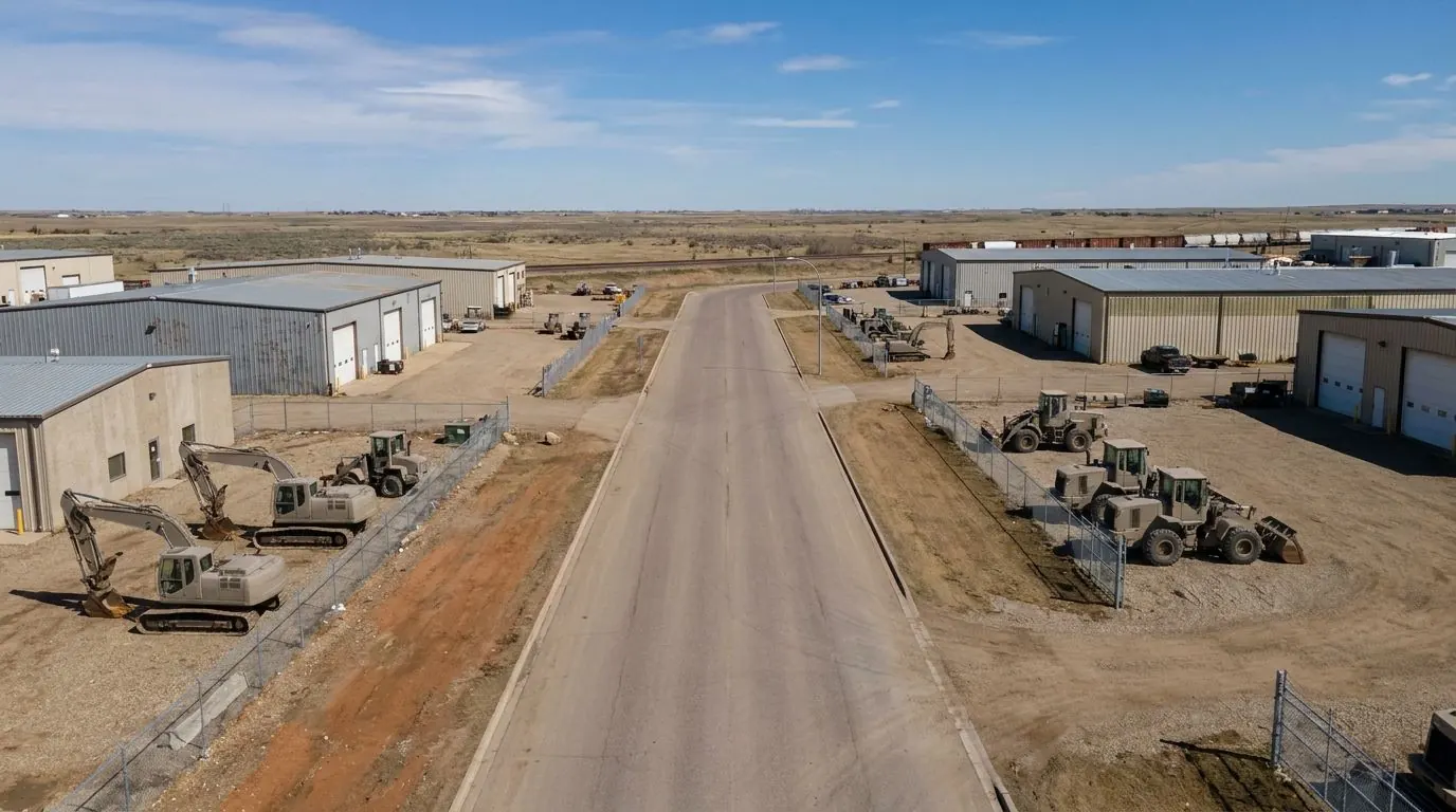 A wide road through a flat industrial district lined with steel warehouse buildings and fenced gravel yards of parked heavy equipment, with a rail line on the prairie beyond.