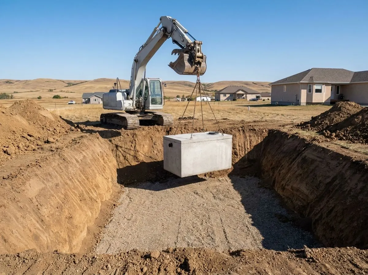 An excavator lowers a precast concrete septic tank on chains into a pit with sloped walls and a gravel floor on a foothills acreage.