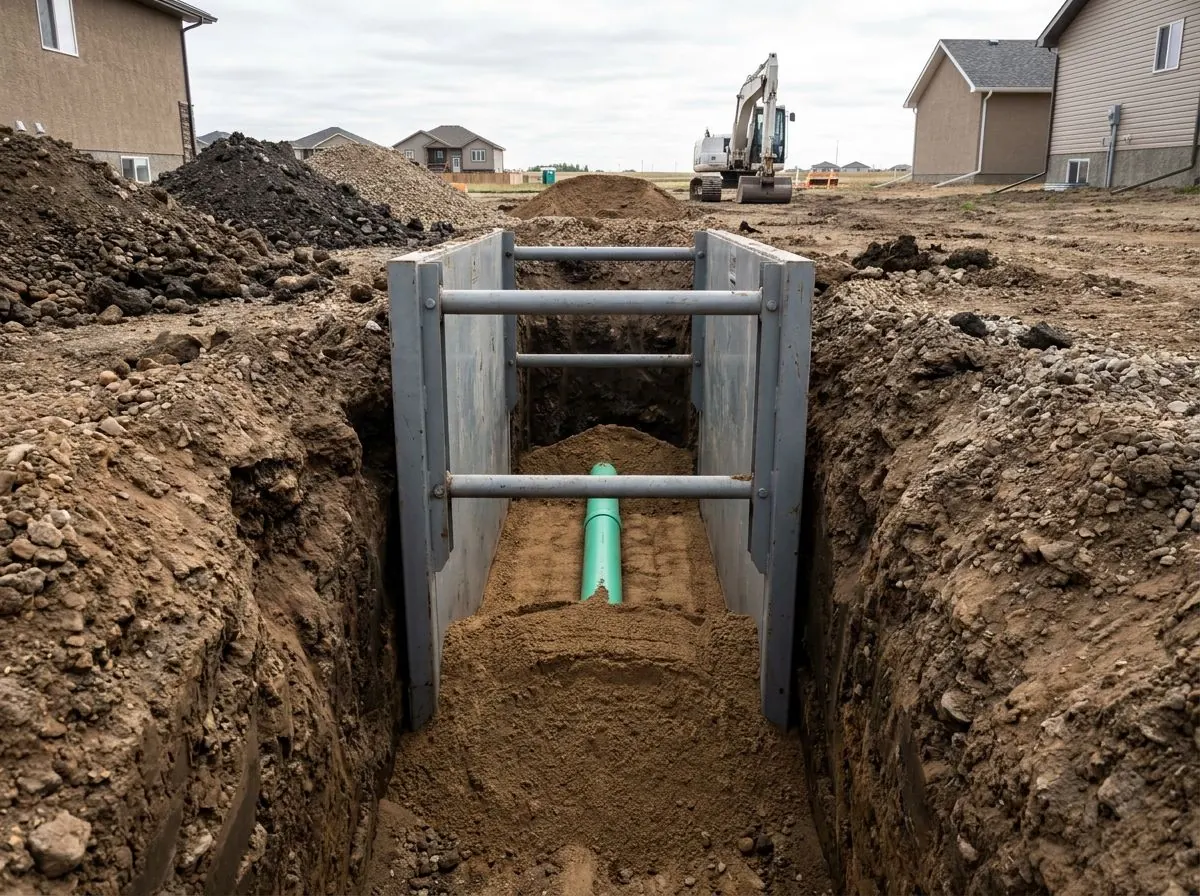 Inside a steel trench box, a green PVC sewer pipe rests on a bed of sand at the bottom of a deep trench.