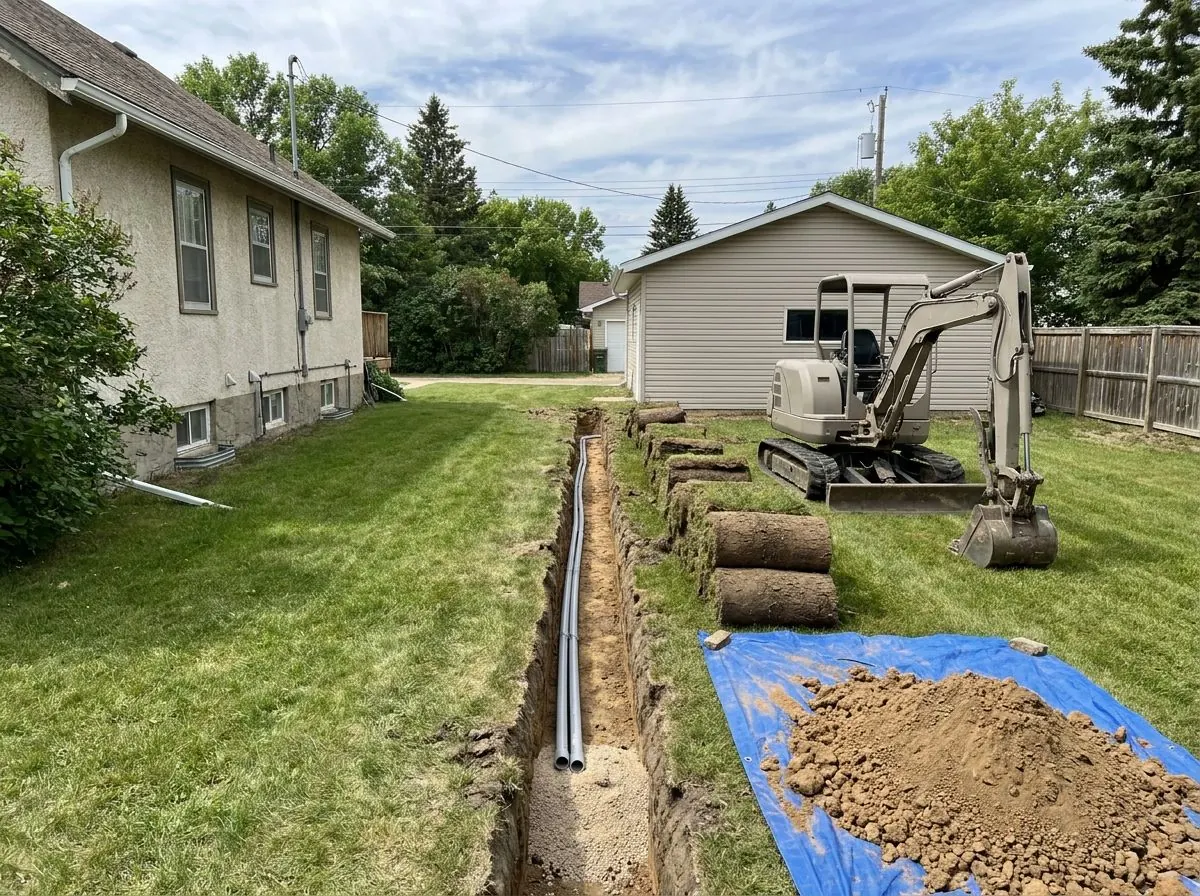 A narrow shallow trench runs across a backyard lawn from a house to a detached garage, with grey electrical conduit laid in the bottom.