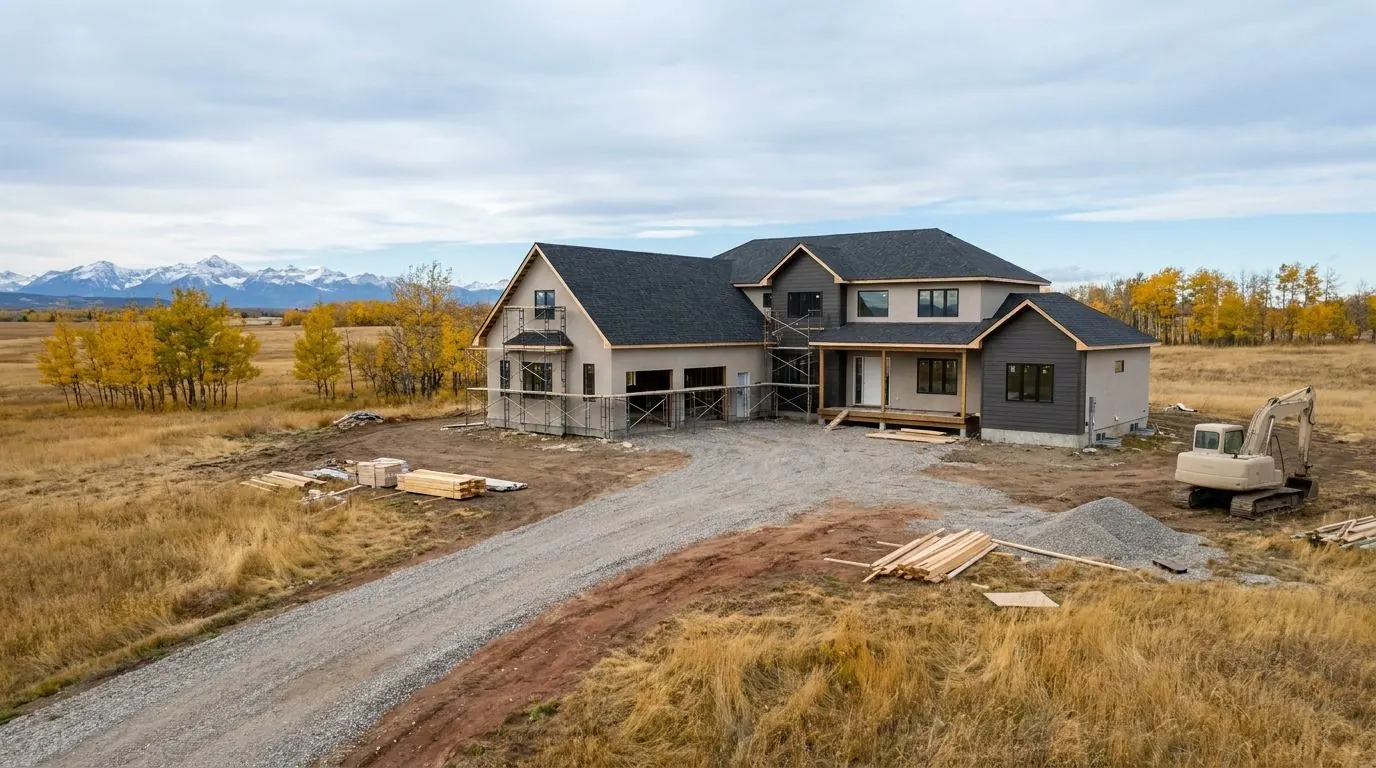 A large custom home under construction on an acreage, with a new gravel driveway, aspen groves in autumn colour and the Rocky Mountains on the horizon.