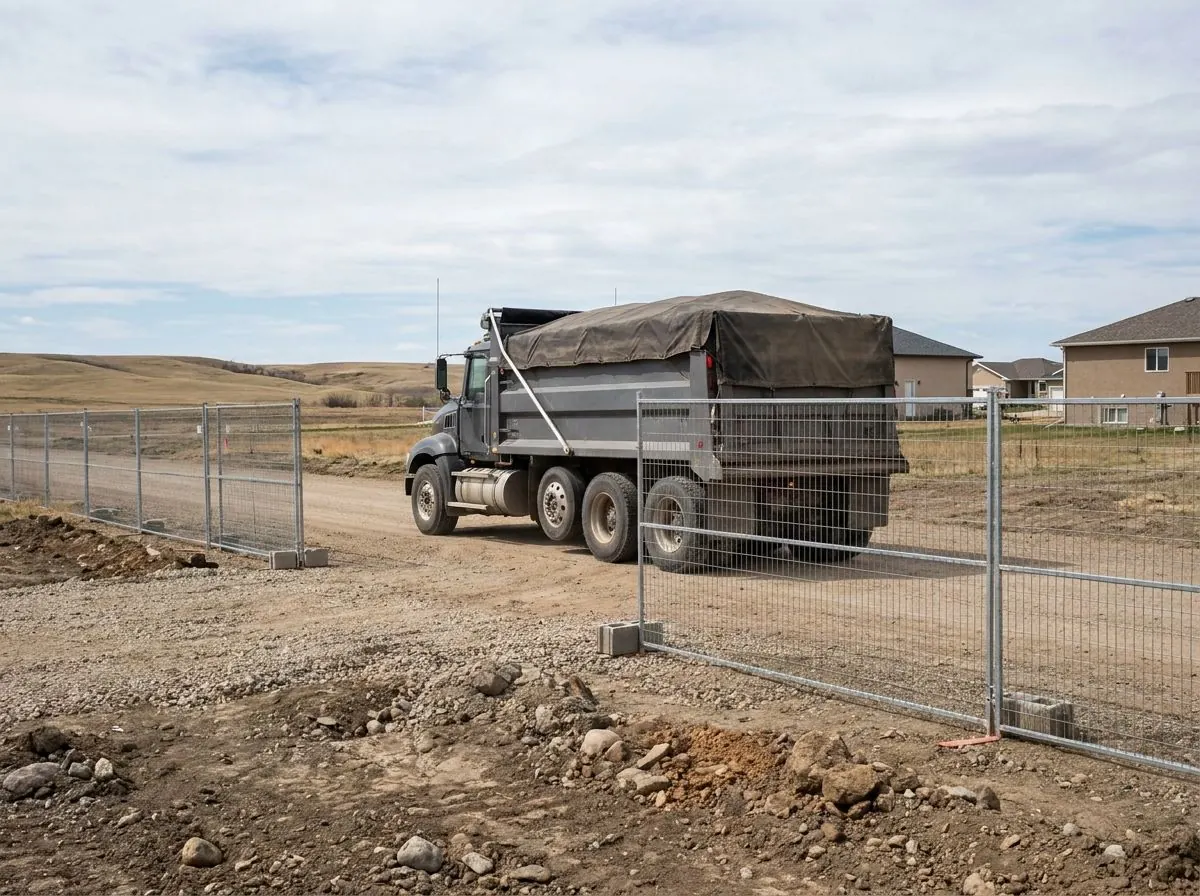 A dump truck with its load fully covered by a tarp drives out through a construction fence gate.