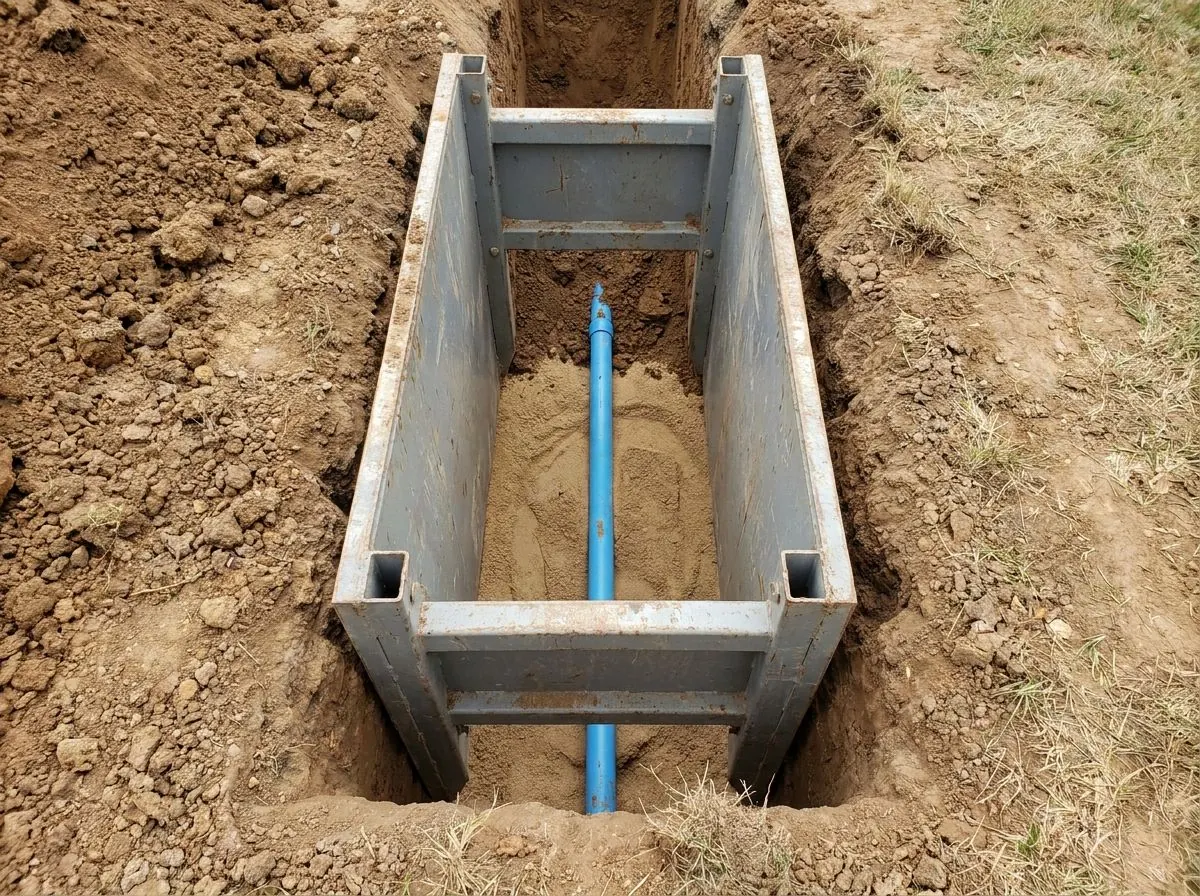 A steel trench box holds the walls of a narrow service trench, with a blue water pipe on a sand bed at the bottom.