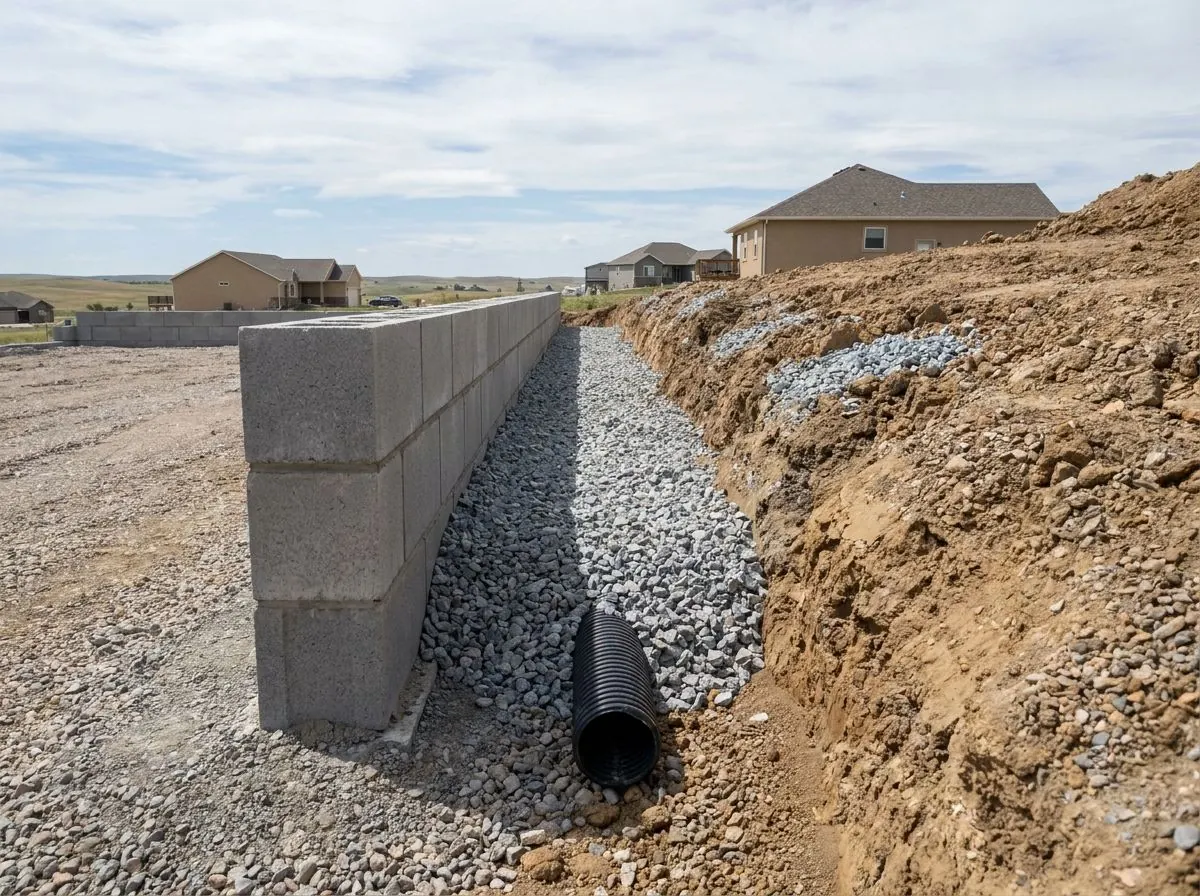 Behind a new concrete block retaining wall, a black corrugated drain pipe lies at the base in clean crushed stone against the cut earth slope.