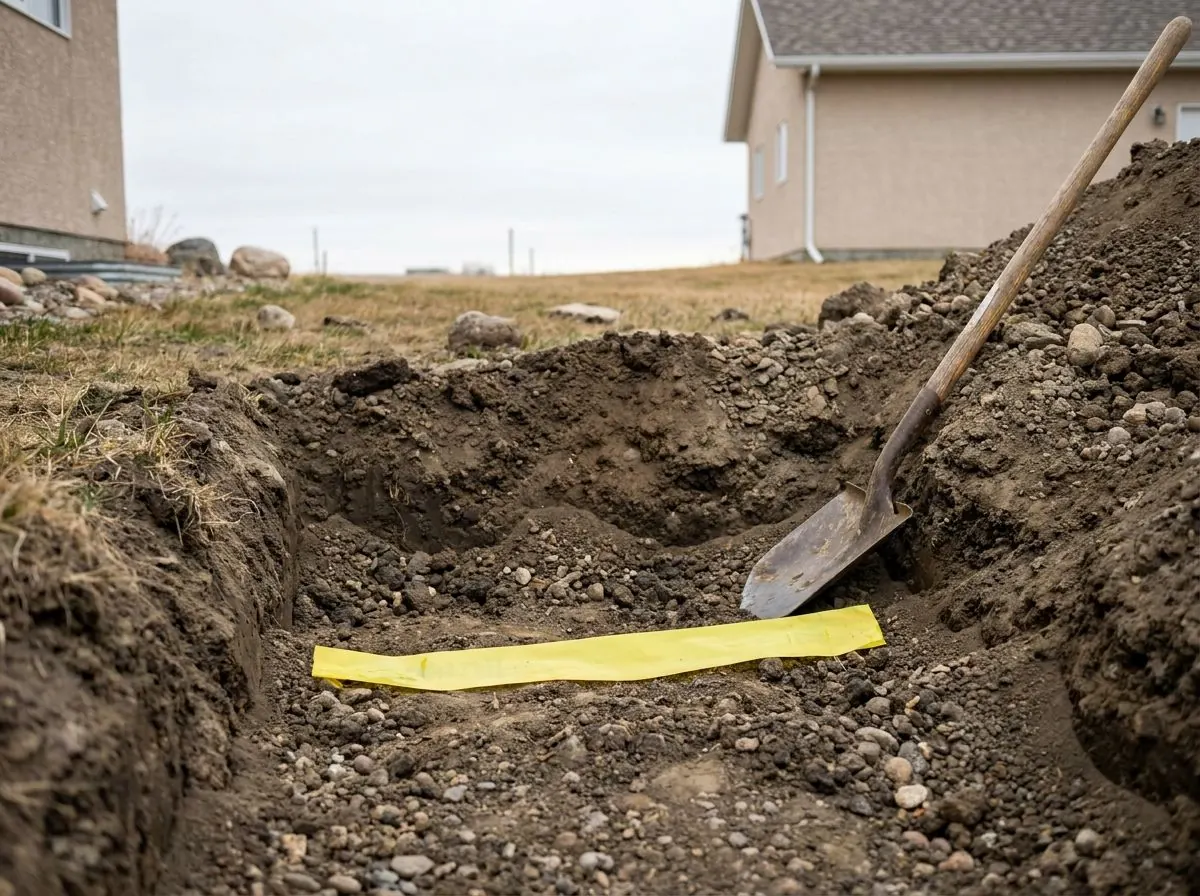 A short length of yellow warning tape lies on partly backfilled soil in a shallow excavation, with a shovel leaning on the spoil.