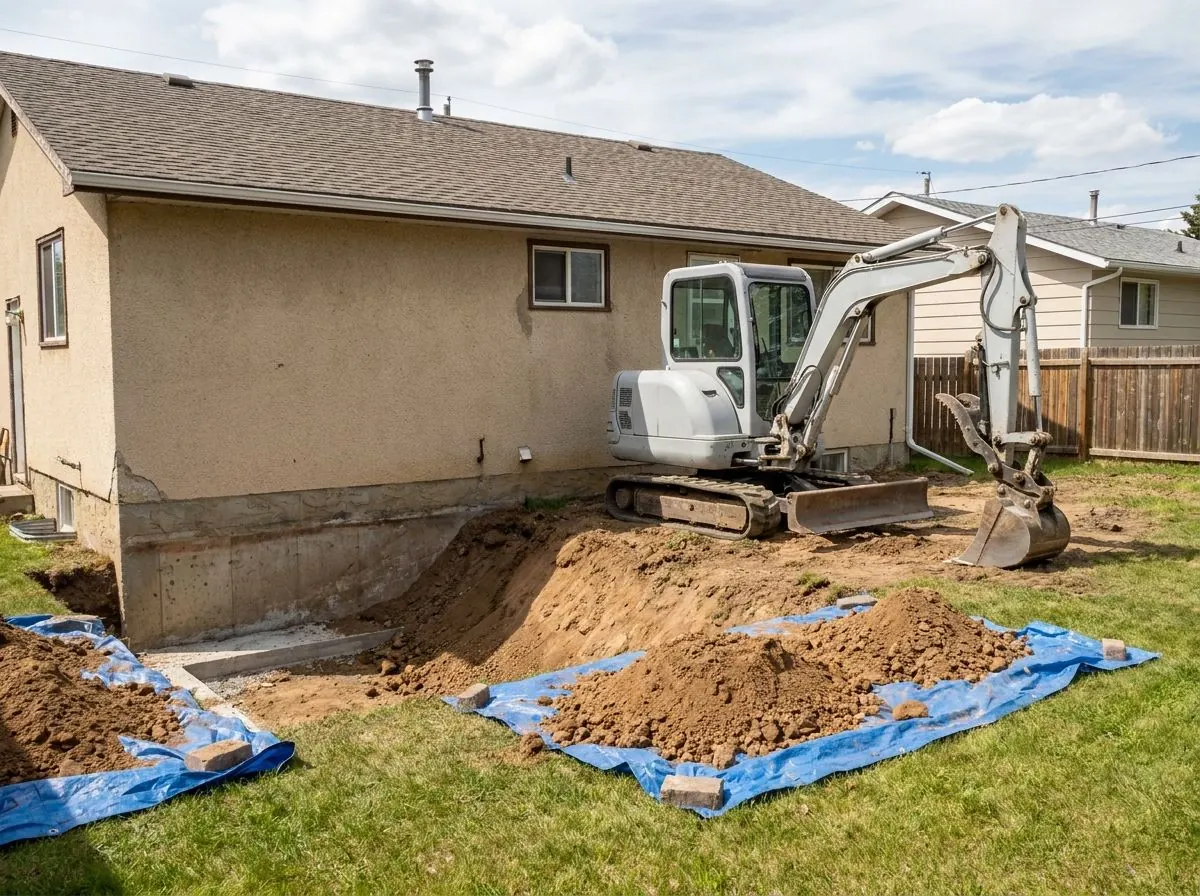 A mini excavator parked beside a sloped excavation along the back wall of an older stucco house, with the concrete foundation exposed and soil stockpiled on tarps.